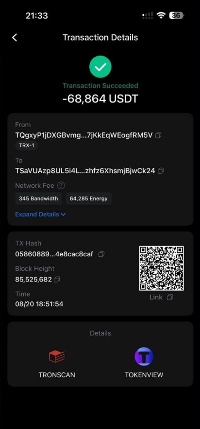 Successful transaction record for 68,864 USDT